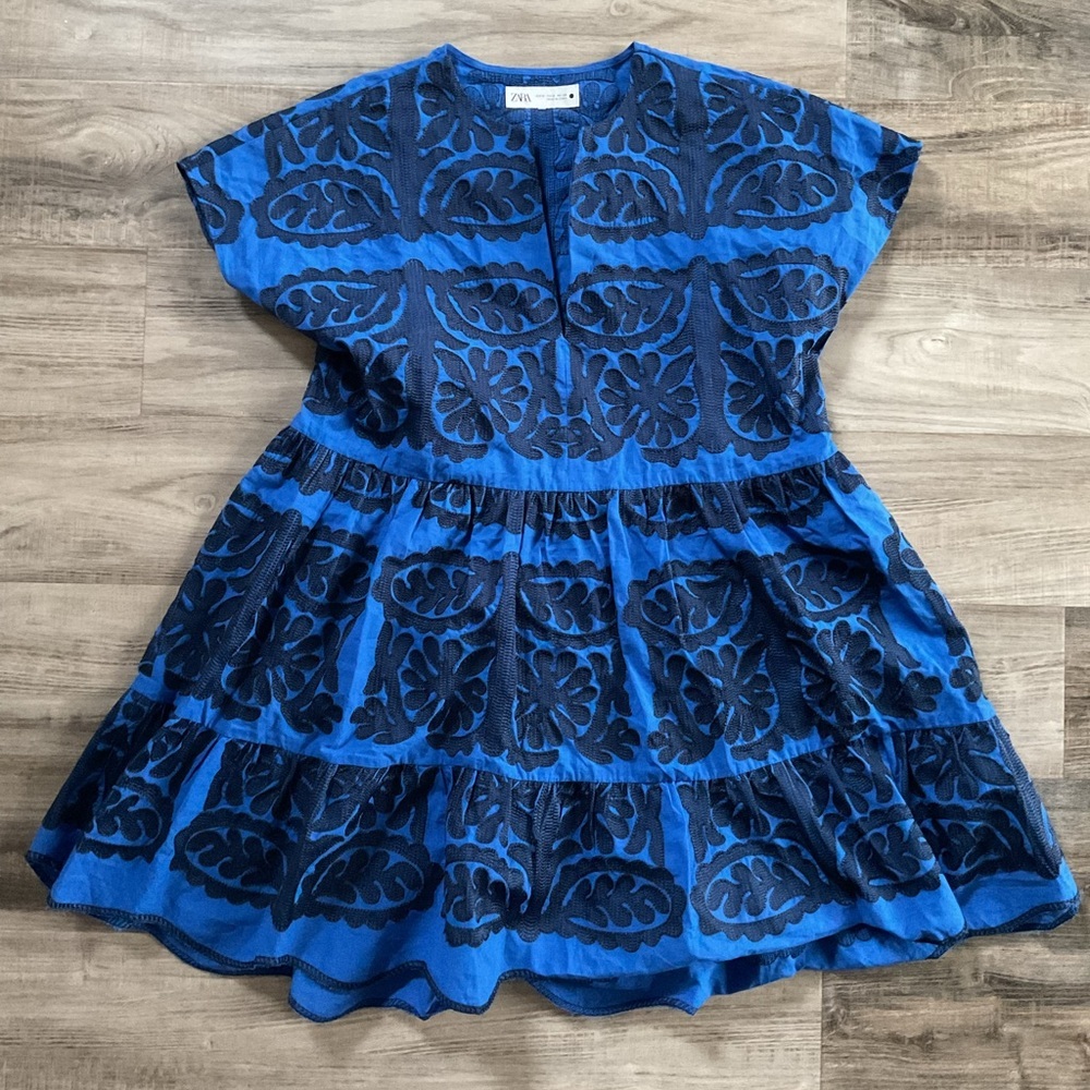 ZARA Embroidered Tunic Short Dress Cobalt Blue Size XS Bloggers Fave - Picture 2 of 4